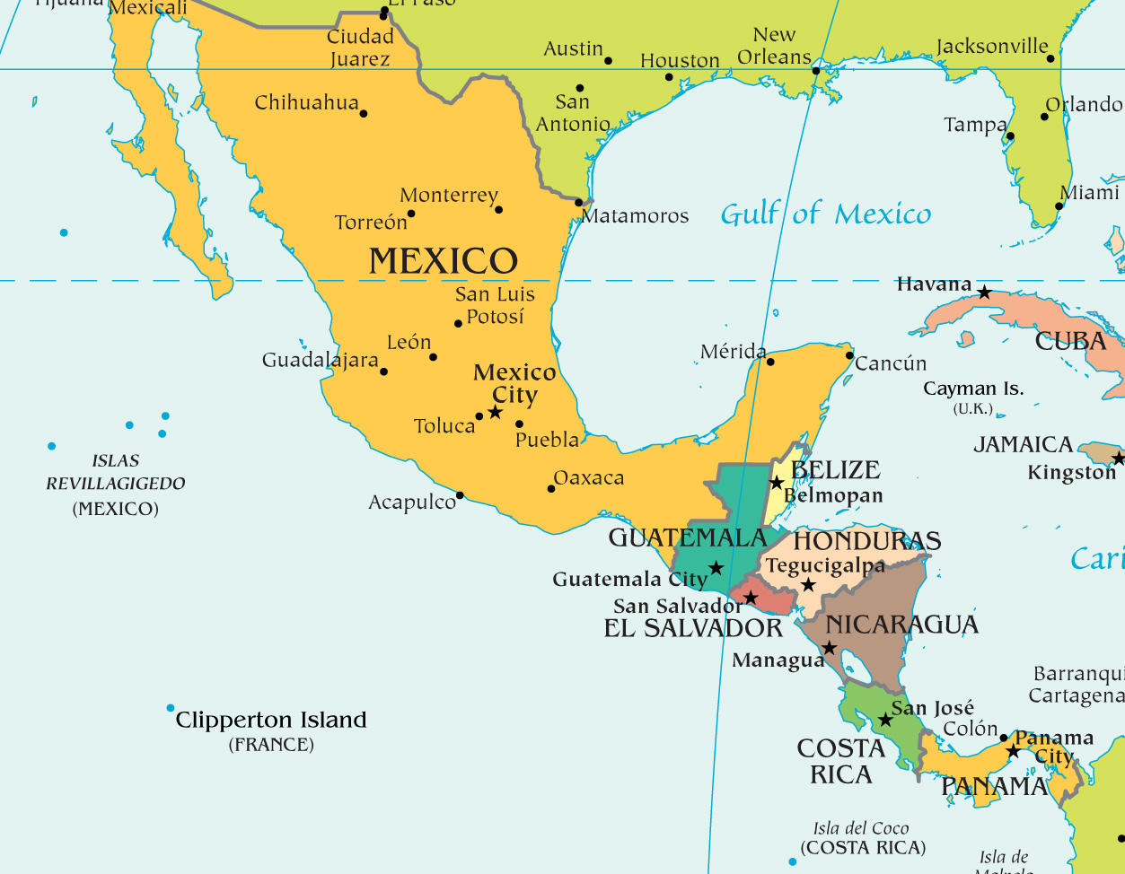 Mexico And Central America Political Map