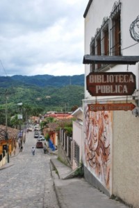 The street outside the public library in Copán, Honduras. (Photo by Carol A. Erickson)