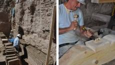 (l.) Restoration began well below the surface of the mission; (r.) A craftsman carves a new Zapata.